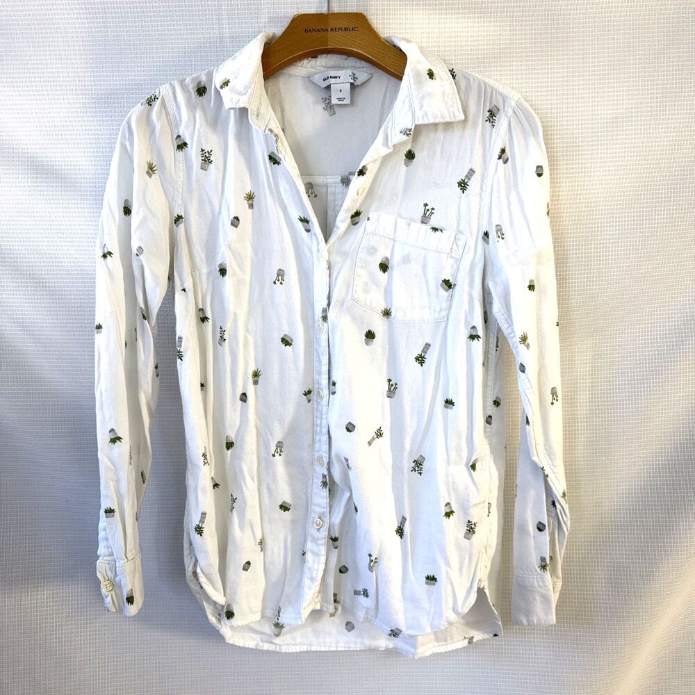 Old Navy classic button up novelty plant pattern basic white long sleeve - S